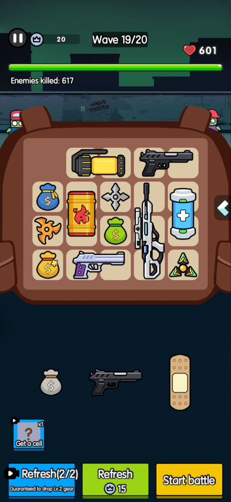 Bag Merge : Zombie Battle - A backpack inventory management screen in Bag Merge Zombie Battle showing weapons and items arranged in a grid.