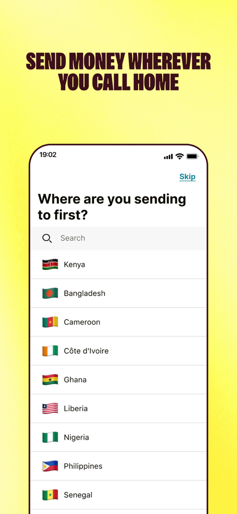 App mobile Sendwave che mostra un elenco di paesi per i trasferimenti internazionali di denaro, tra cui Kenya, Nigeria e Filippine