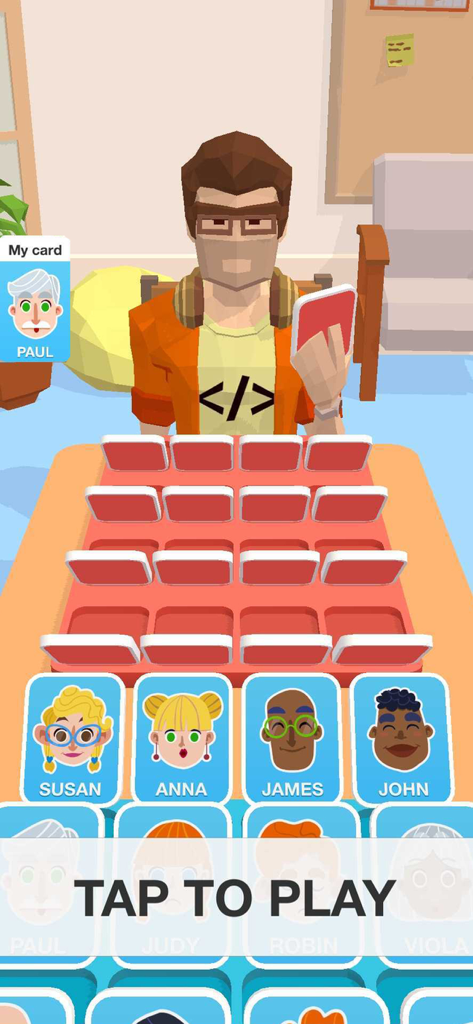 Guess It 3D - Guess It 3D Mobile-Puzzle-Spielbildschirm mit 3D-Charakteren und Auswahlfeld