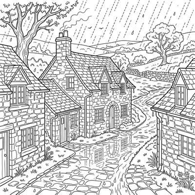 Immerse yourself in the calming atmosphere of a rainy day in a quaint village. This intricate coloring page features charming stone cottages, perfect for bringing a peaceful scene to life.