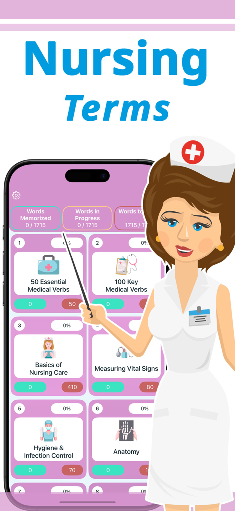 English for Nursing: Words - Un personaje de enfermera señalando una pantalla de teléfono inteligente que muestra categorías de estudio de inglés médico y estadísticas de seguimiento de palabras
