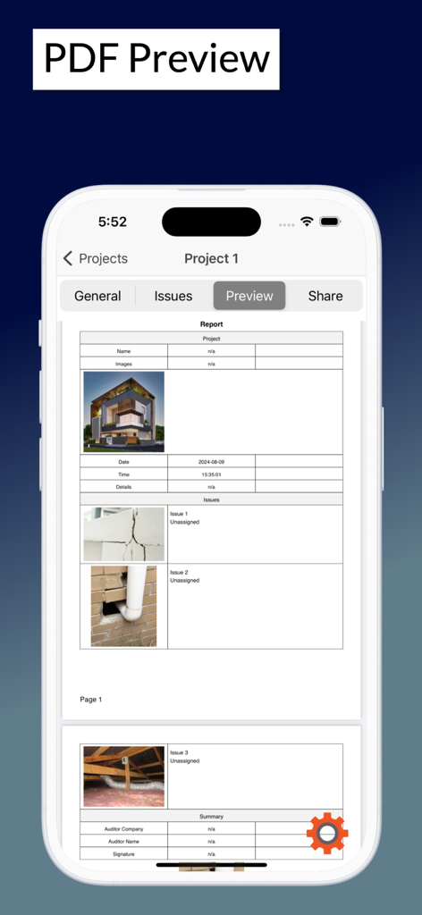 プロジェクト写真付きのプロフェッショナルなPDFサイト監査および検査レポートのモバイルアプリプレビュー