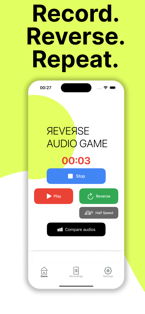 Reverse Audio Game - Tela do smartphone mostrando a interface de gravação e reprodução do aplicativo Jogo de Áudio Reverso com botões para reproduzir ao contrário e meia velocidade.