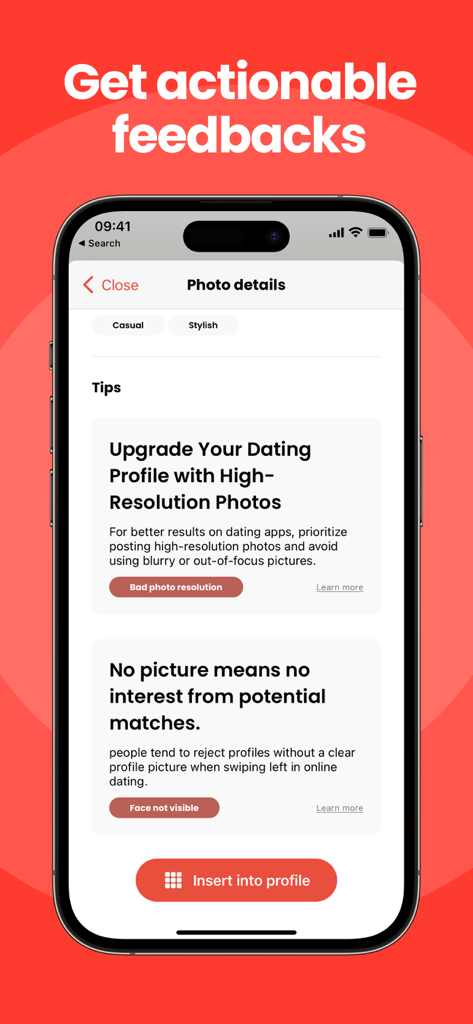 RARE AI Dating Assistant mobile app screen showing actionable feedback and tips for dating profile photos