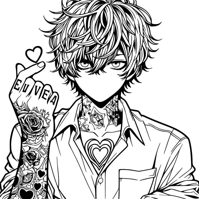 manga guy with messy hair and tattoos showing heart symbol with fingers