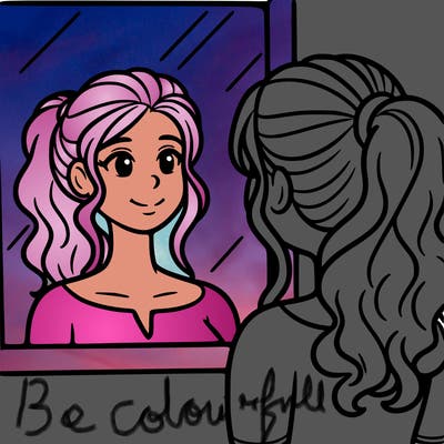 a woman looks at her reflection in the mirror