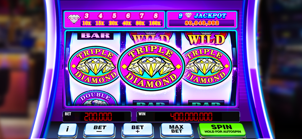 Double Rich！Vegas Casino Slots - Captura de pantalla del juego de ¡Doble de Suerte! Slots de Casino de Las Vegas mostrando una victoria de Triple Diamante en la interfaz de una máquina tragamonedas