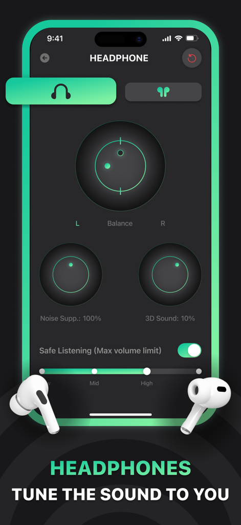 Music Equalizer: Bass Booster! - Una interfaz de aplicación móvil para ajustar la configuración de audio de los auriculares, incluyendo balance, supresión de ruido y efectos de sonido 3D