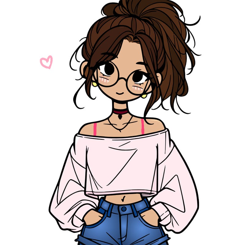 girl with a messy ponytail glasses a baggy crop top and jean shorts