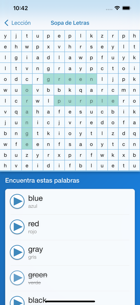 Juego de búsqueda de palabras de vocabulario de inglés para hablantes de español