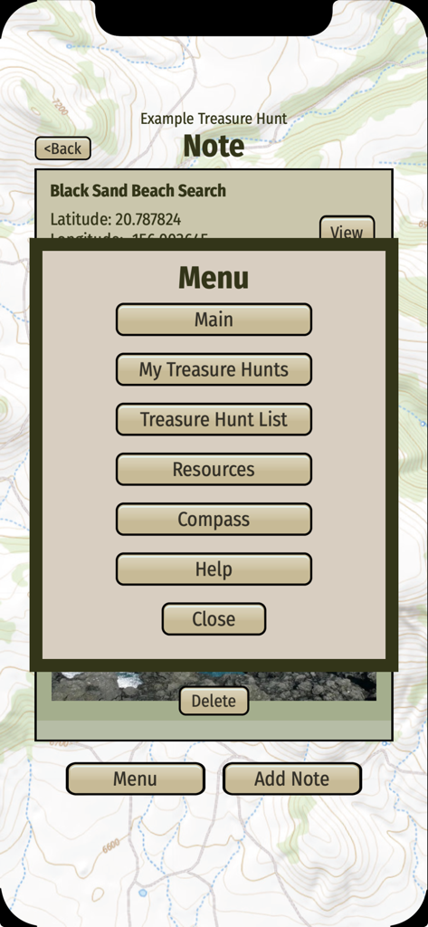 Treasure Hunt Helper - Main menu screen of the Treasure Hunt Helper app displaying navigation options over a topographic map.