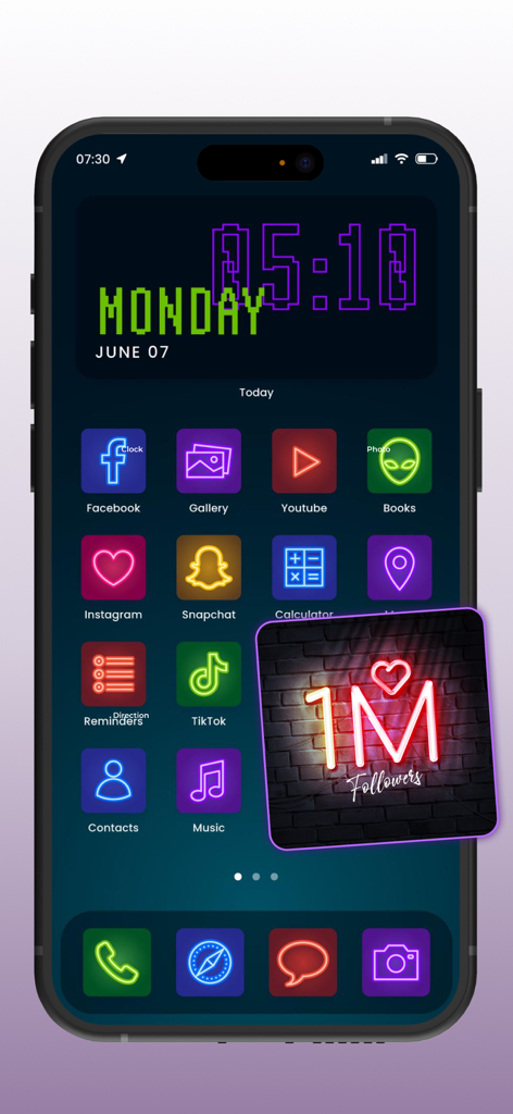 iPhone screen featuring custom neon app icons and a 1M followers neon widget