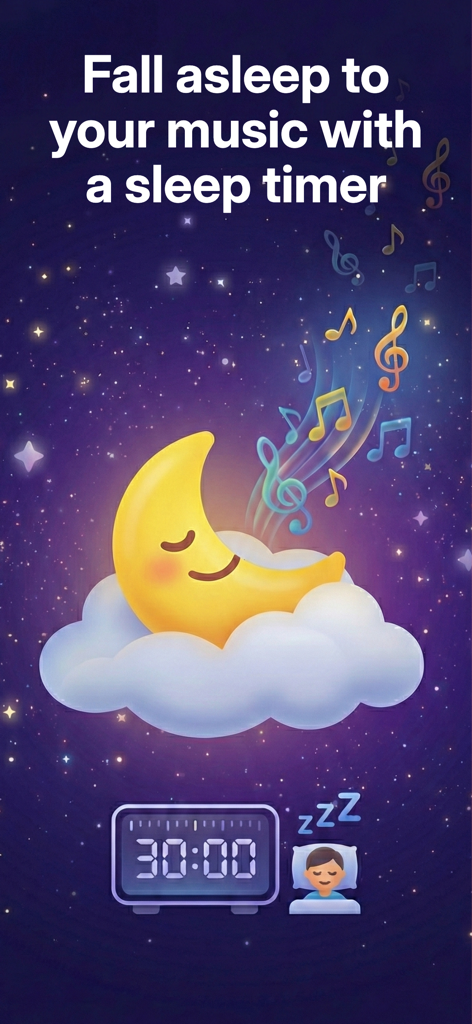 Capture d'écran de l'application Trending Music Player présentant la fonction de minuterie de mise en veille avec une illustration de lune endormie et un compte à rebours