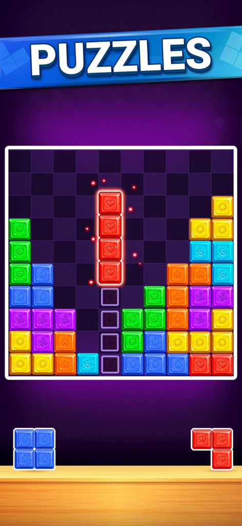 Jogabilidade de Block Puzzles mostrando blocos quadrados coloridos sendo colocados em uma grade para limpar linhas.