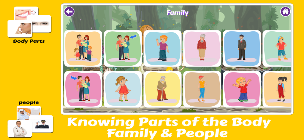 Pre K Preschool Learning Games - Preschool educational game screen showing family and body parts flashcards for toddlers.