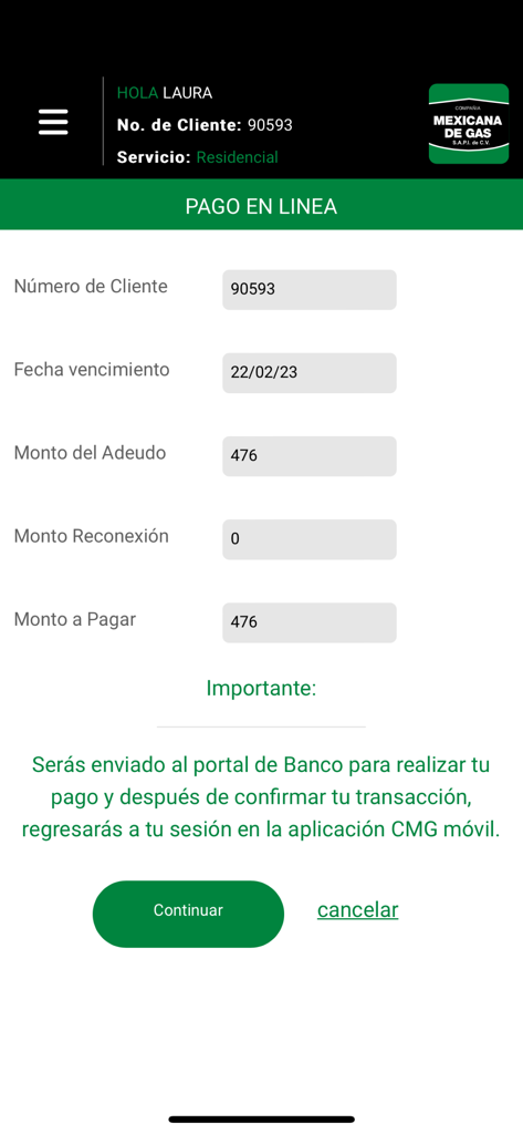 CMG Móvil - Online payment screen of the CMG Movil app showing gas bill details and amount due