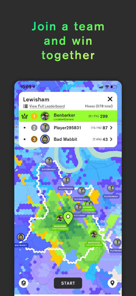 Stride: Fun Fitness Motivation - Ein Screenshot der Stride-App, der eine hexagonale Gebietskarte und eine lokale Spieler-Rangliste anzeigt.