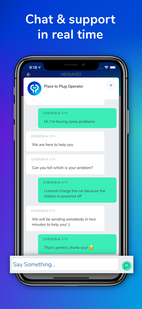 Echtzeit-Support-Chat-Oberfläche für Unterstützung beim Laden von Elektrofahrzeugen in der Place to Plug App