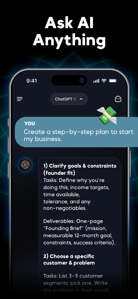 Smartphone screen displaying Chatbot AI Assistant ChatPrime generating a step by step business plan for a user.