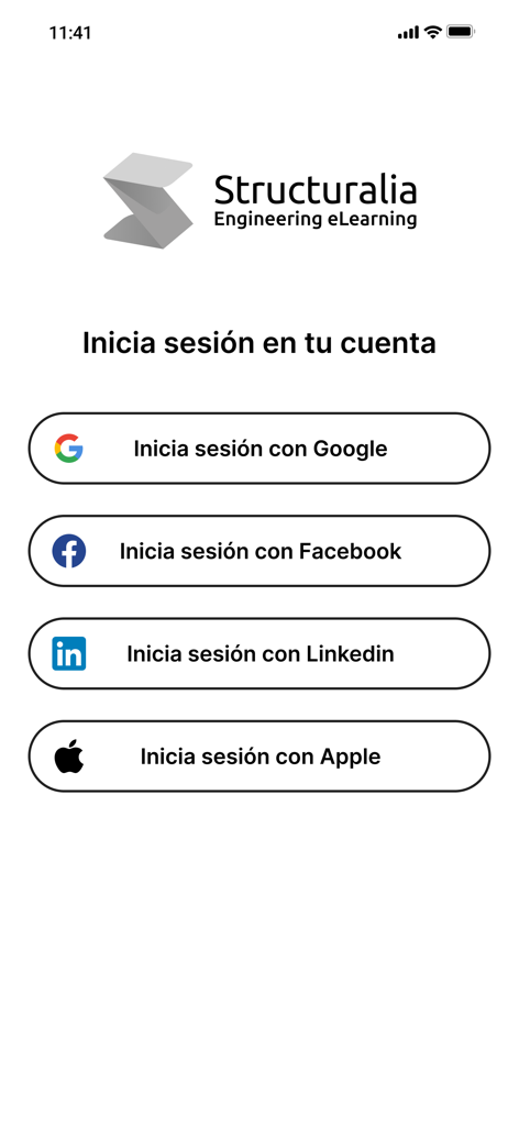 Structuralia - Pantalla de inicio de sesión de Structuralia para ingeniería e-learning con botones de inicio de sesión social para Google Facebook LinkedIn y Apple