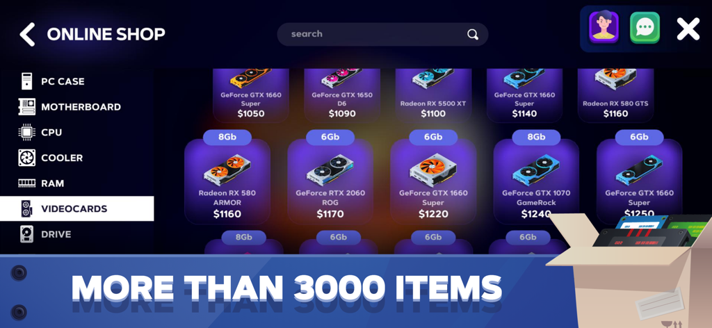 Tienda en línea dentro del juego en PC Creator 2 mostrando una selección de tarjetas gráficas y componentes de hardware de computadora.