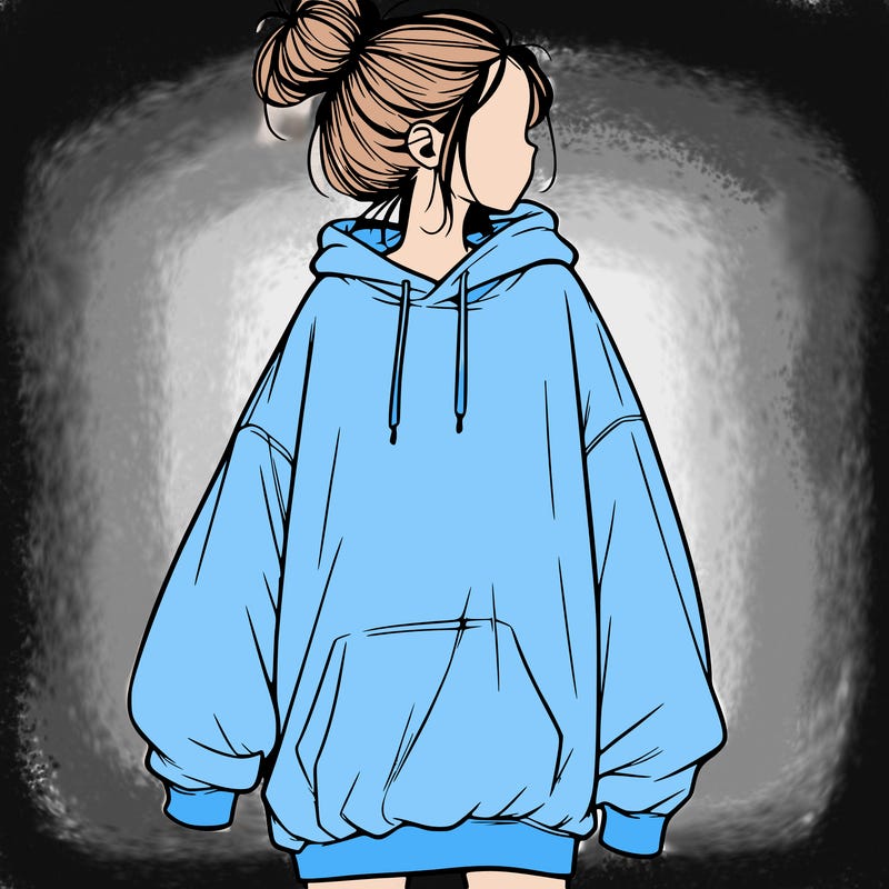 realistic girl with a oversized sweatshirt on and a bun