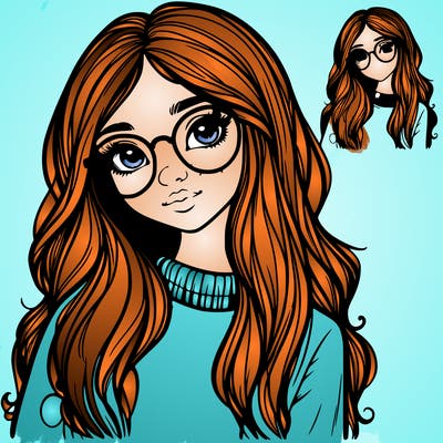 girl with long hair and freckles and realistic glasses
