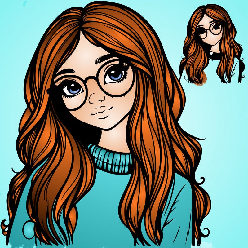girl with long hair and freckles and realistic glasses