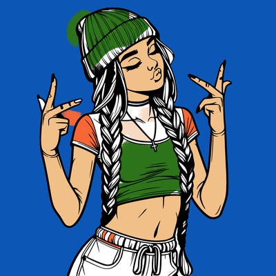 realistic teenage girl with braids and a beanie and crop top doing 🫶🏼