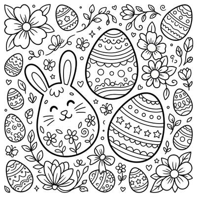 Dive into the spirit of spring with this delightful Easter coloring page, perfect for young artists. Featuring a joyful bunny, beautifully patterned eggs, and enchanting blossoms, it offers hours of creative fun.