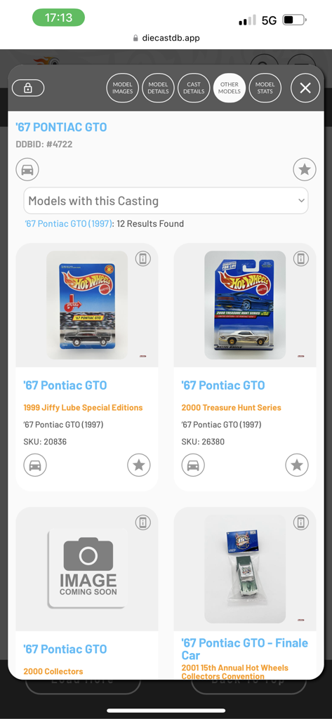 DiecastDB - Search results in the DiecastDB app showing different editions of the 67 Pontiac GTO diecast car