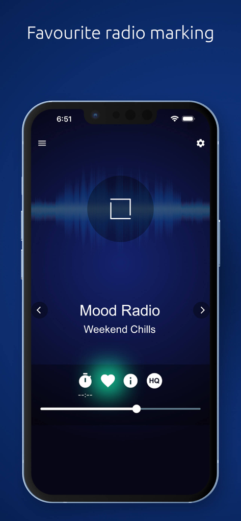 Interface of the GR Radio app showing how to mark a station as a favorite