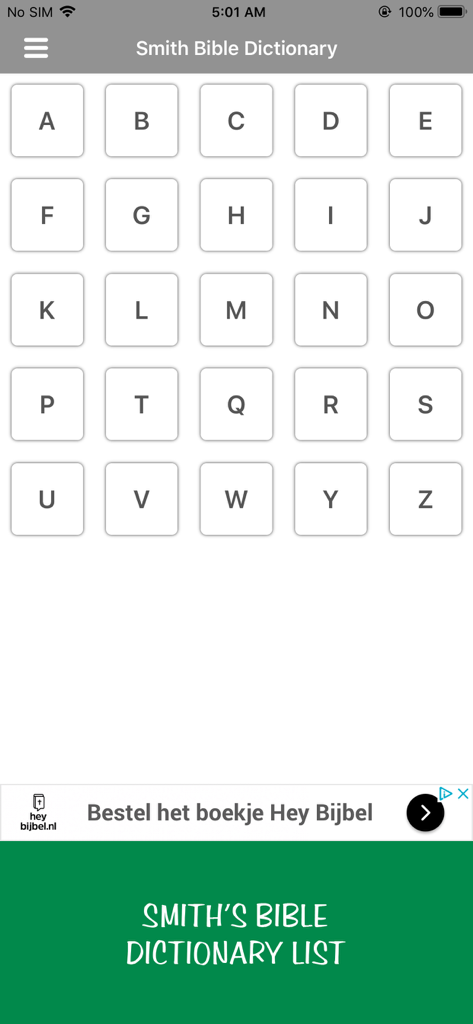 Grille alphabétique pour rechercher des termes dans l'application Dictionnaire Biblique de Smith
