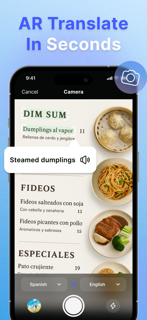 GoTranslator app interface showing AR camera translation of a food menu from Spanish to English