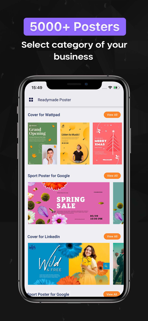 Écran d'application mobile affichant divers modèles d'affiches prêts à l'emploi et catégories pour un usage professionnel