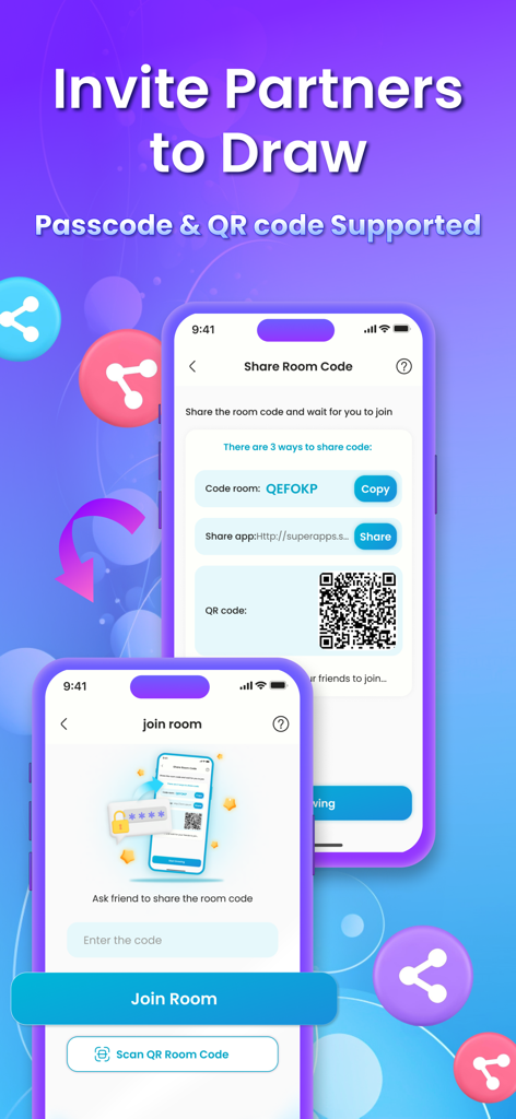 Interface showing how to invite and join a drawing room using passcodes and QR codes on the Drawing Together app.