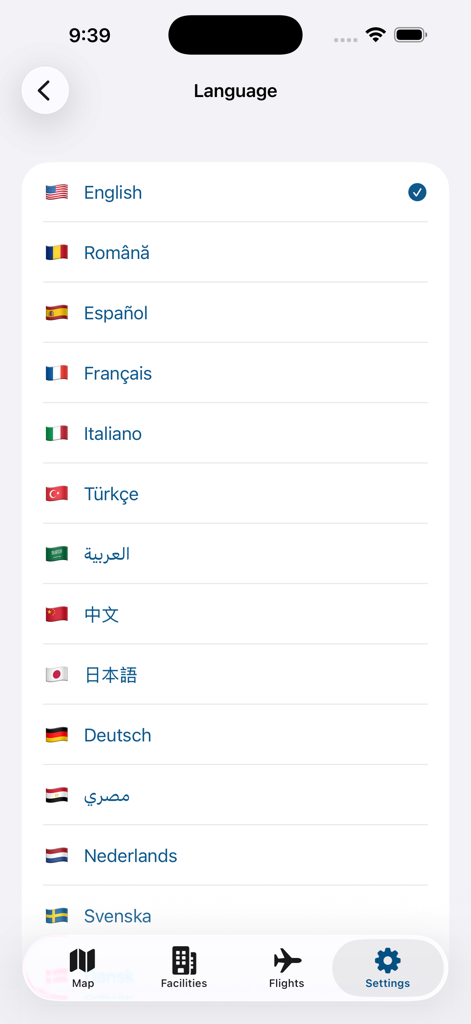Orlando MCO Airport - Tela de seleção de idioma no aplicativo do Aeroporto de Orlando MCO mostrando opções como inglês, espanhol e francês com bandeiras correspondentes.
