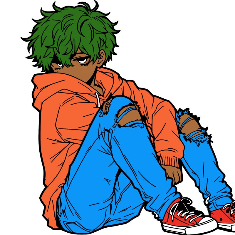 a male hoddie ripped jeans messy hair anime