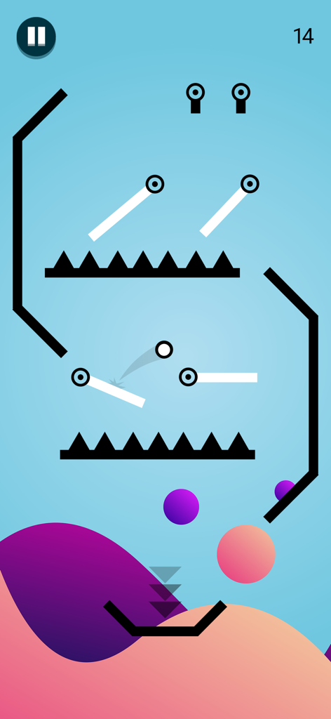 A white ball jumping between platforms and over black spikes in the mobile game Go Escape.