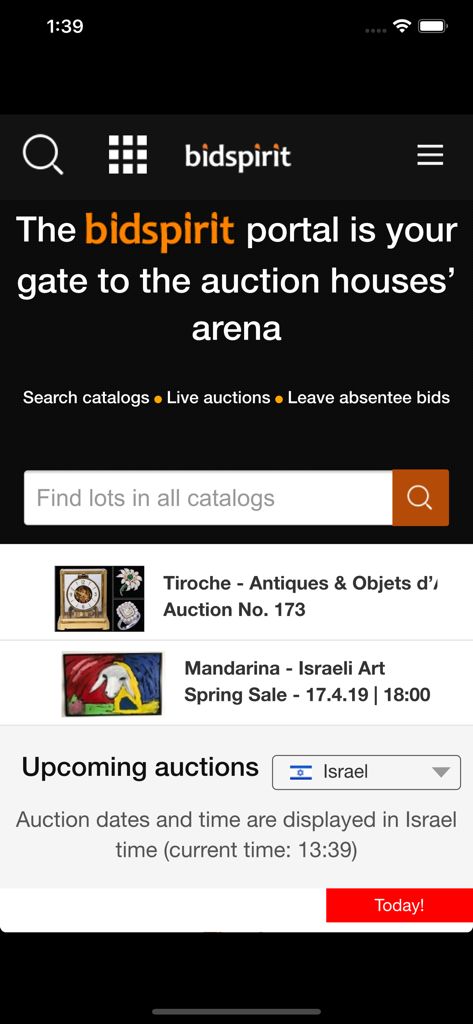 Bidspirit - 近日の美術品や骨董品のオークションを表示しているBidspiritアプリのホーム画面