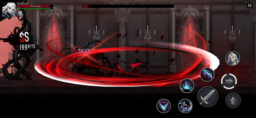 Shadow Slayer: Demon Hunter - Action-packed gameplay of Shadow Slayer showing a hero performing a powerful red slash attack against an undead boss.