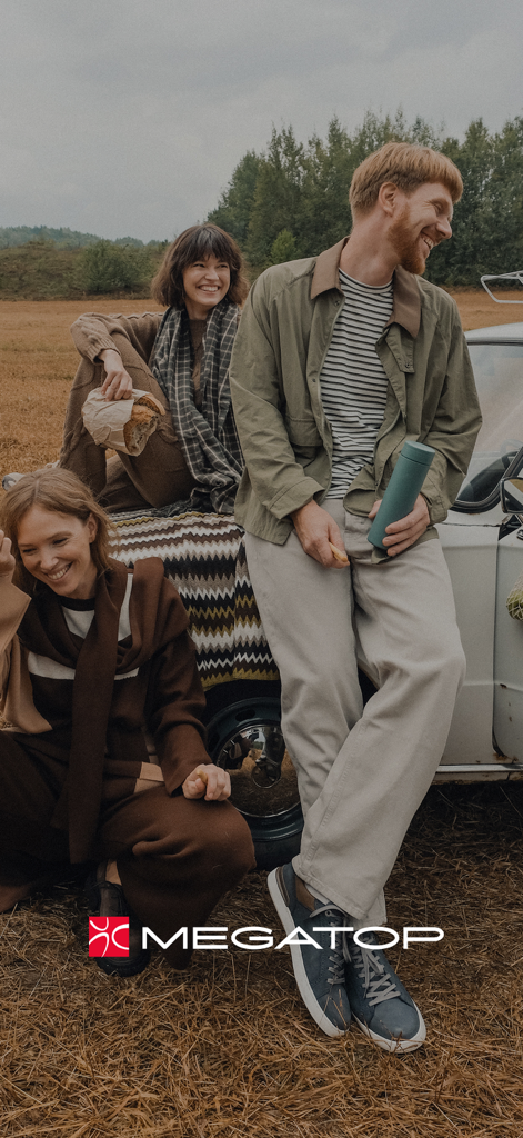 MEGATOP Next - Group of young adults in trendy autumn footwear and clothing posing outdoors next to a car