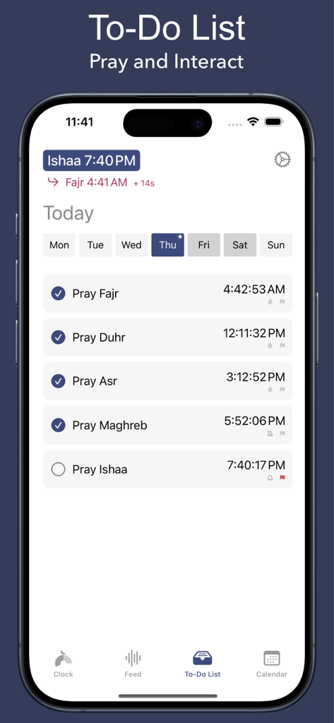 Interface do aplicativo Salaty mostrando uma lista de tarefas de orações islâmicas diárias com caixas de seleção de conclusão