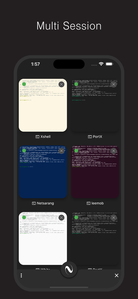PortX - SSH, SFTP Client - PortX App Multi-Session-Ansicht zeigt mehrere aktive SSH-Terminalverbindungen in einem Raster auf einem iPhone