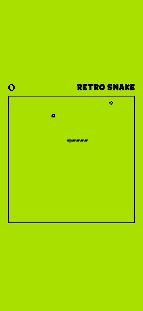 Jogabilidade minimalista em pixel art do jogo mobile Retro Snake apresentando um fundo verde e mecânicas clássicas de cobrinha.