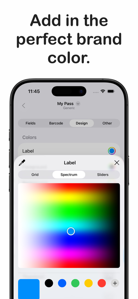 Interface of the Passmaker app showing a color spectrum picker to customize digital wallet passes