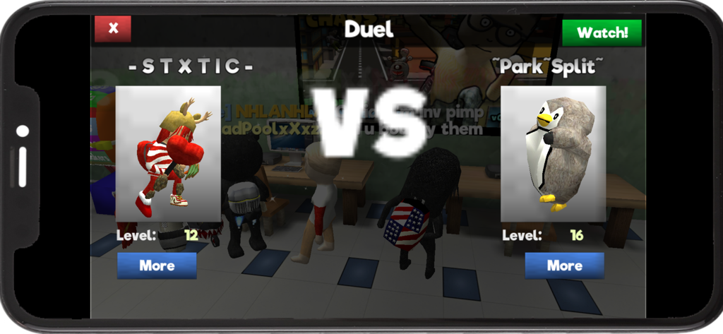 Pantalla de duelo en School of Chaos que muestra un jugador de nivel 12 contra un personaje pingüino de nivel 16