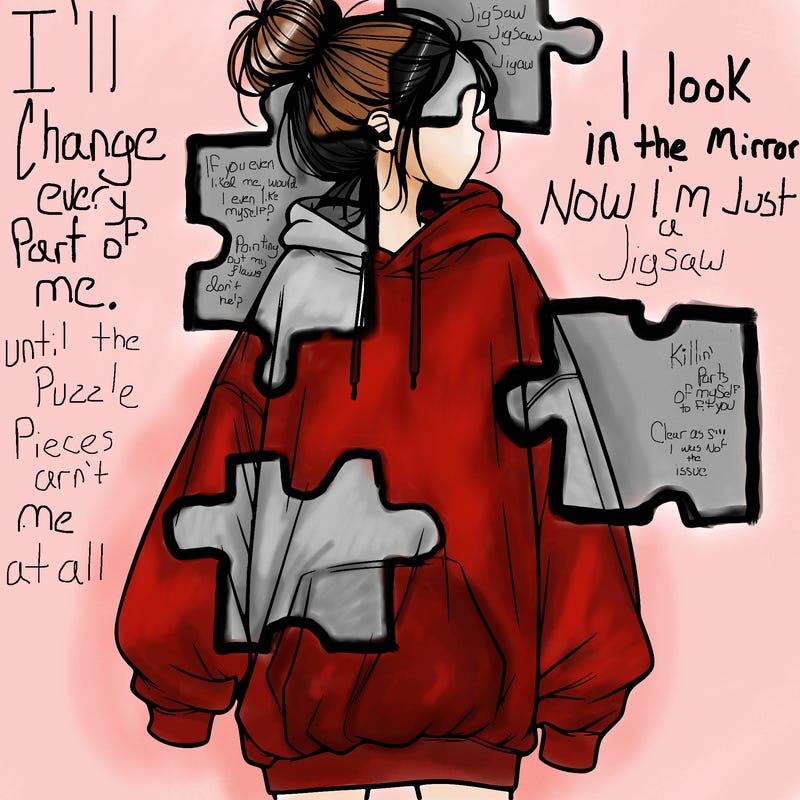 realistic girl with a oversized sweatshirt on and a bun