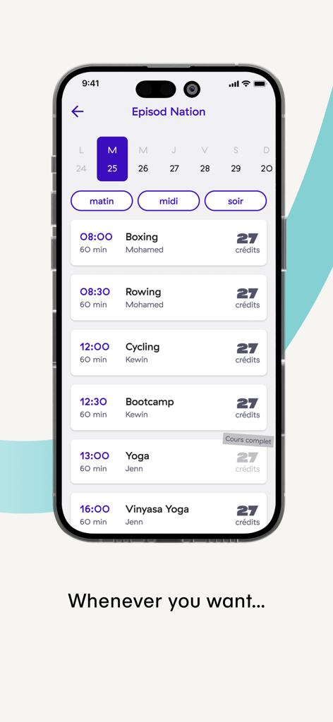 Smartphone screen showing the Wellpass app class schedule with options for boxing, cycling, and yoga.