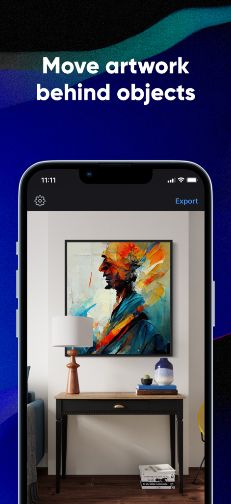 iPhone-Bildschirm, der ein farbenfrohes Gemälde zeigt, das mit der Smartist App realistisch hinter einer Tischlampe platziert wurde.